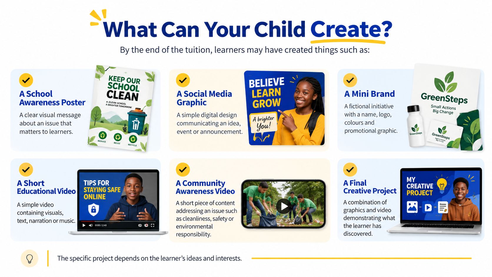 Examples of what a learner can create through graphics and video creation tuition